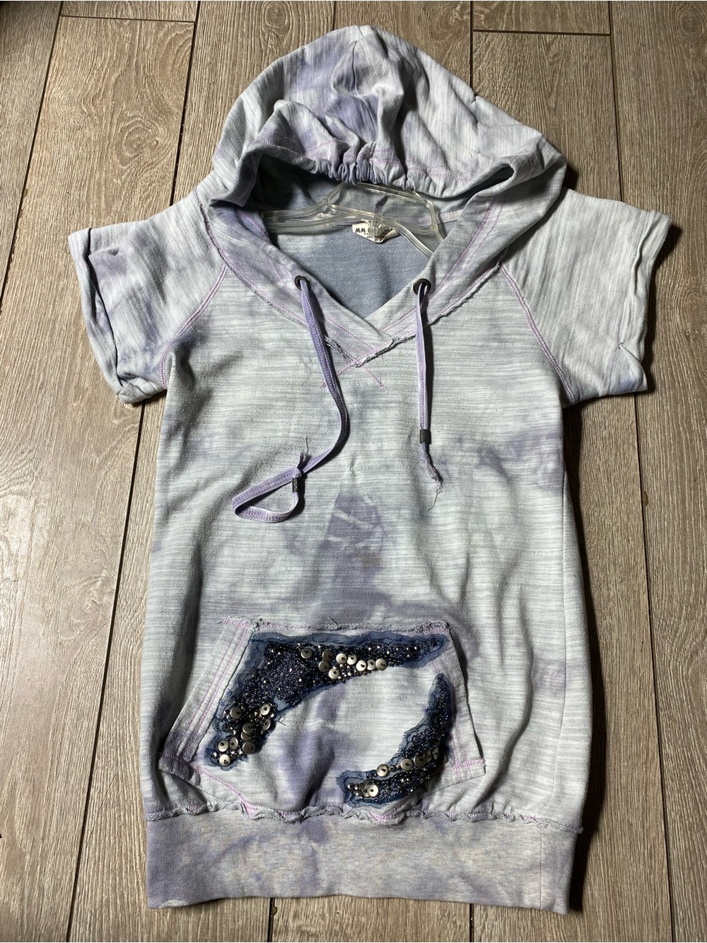 Miss Me Tie Dye Short Sleeve Hoodie Sequin Embellished V-Neck Tunic Pocket Y2K